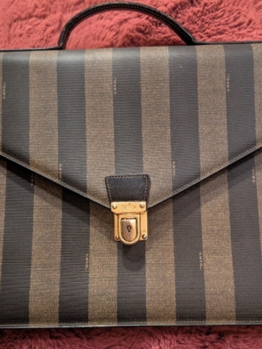 AUTH Fendi PEQUIN Brown & Black Striped Leather Briefcase with Gold Hardware